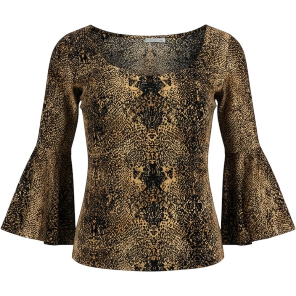 494 Y2K Rave Blouse M Brown Snakeskin Gold Metallic Bell Slit Sleeve Top